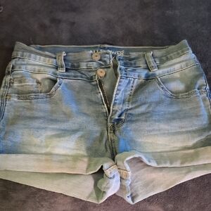 Wallflower Blue Jean Shorts with Cuffed Hem and Distressed Look